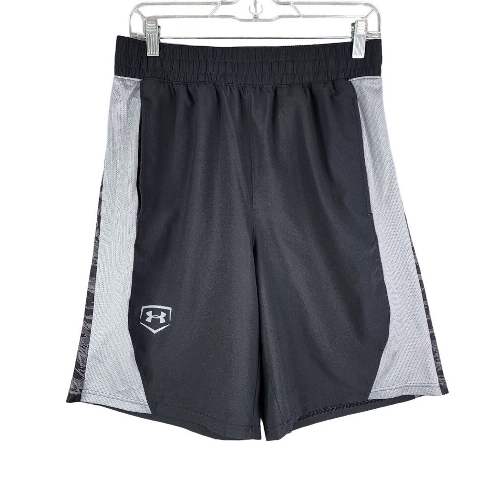 Mens Under Armour Loose Fit Shorts Black Gray Camo Athletic 10" Inseam Size M